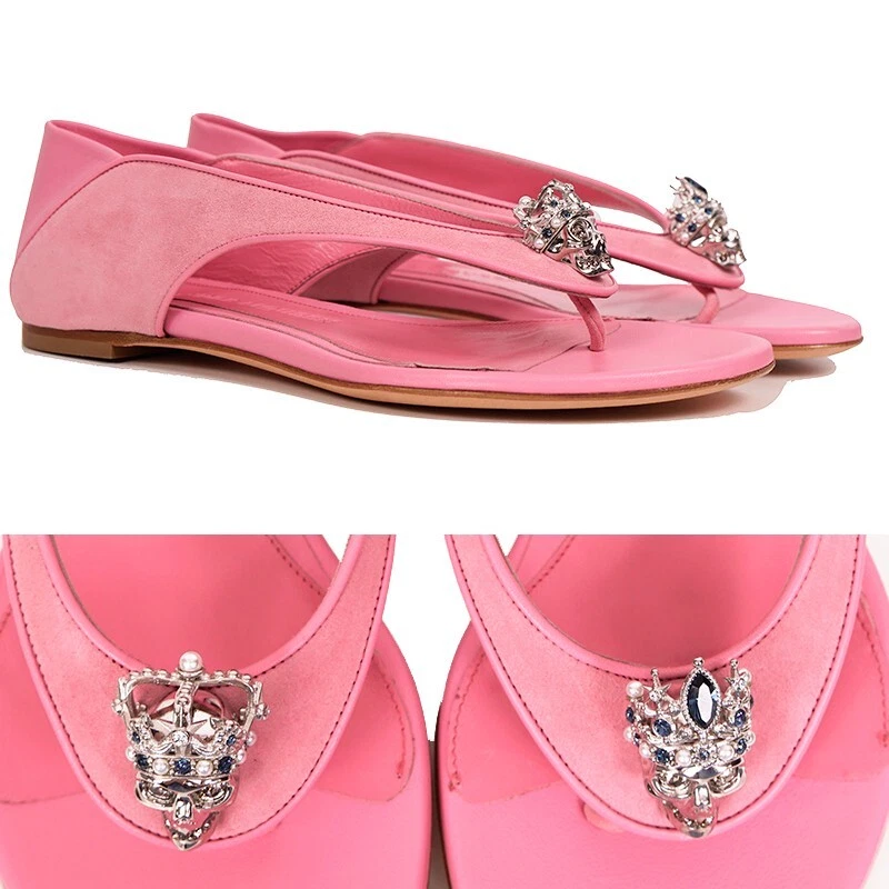 Alexander McQueen — sz 37 NEW $795 ALEXANDER MCQUEEN Pink Suede KING & QUEEN SKULL Flats SANDALS NIB