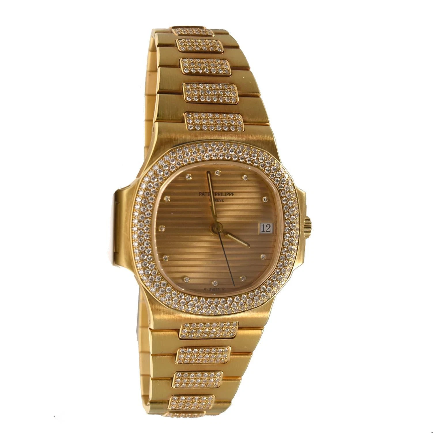 Patek Philippe — Patek Philippe Nautilus 3800/1 in 18k Yellow Gold, Custom Diamond Bezel Watch