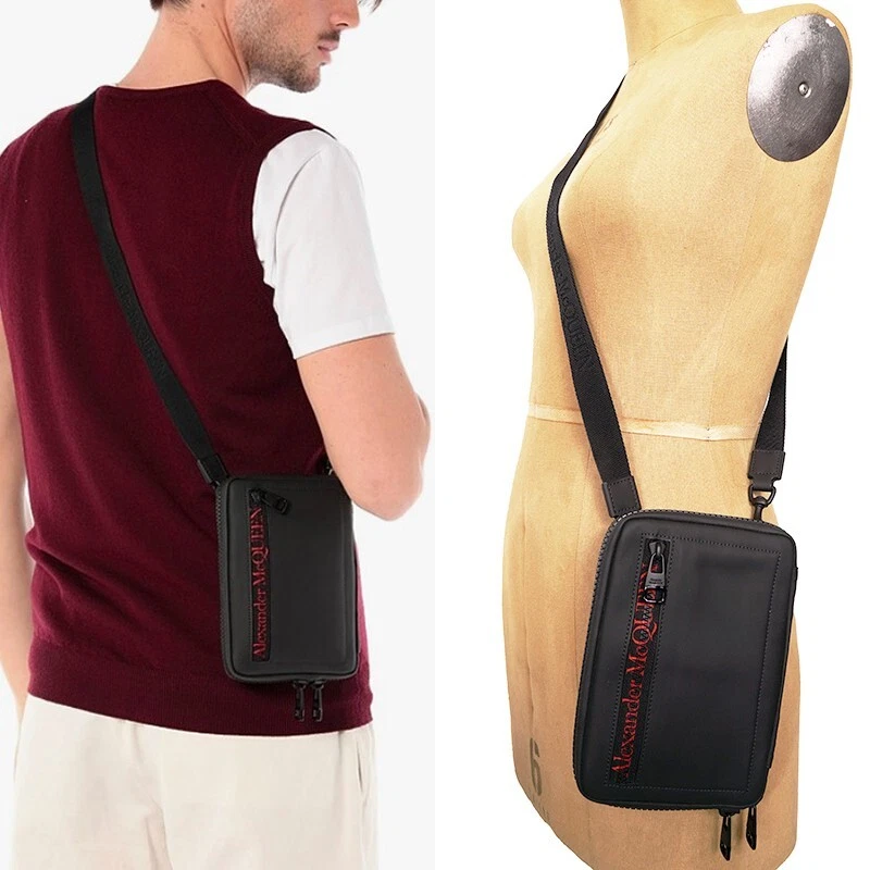 Alexander McQueen — NEW $970 ALEXANDER MCQUEEN Black RED LOGO Sahara Tech Zip Crossbody Case BAG