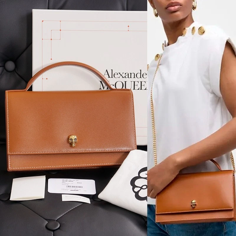 Alexander McQueen — NEW $1,290 ALEXANDER MCQUEEN Caramel Leather SKULL TOP HANDLE BAG & CHAIN STRAP