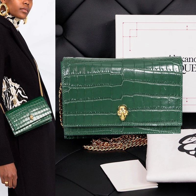 Alexander McQueen — NEW $990 ALEXANDER MCQUEEN Emerald Green CROC EMBOSSED Leather SKULL Chain BAG