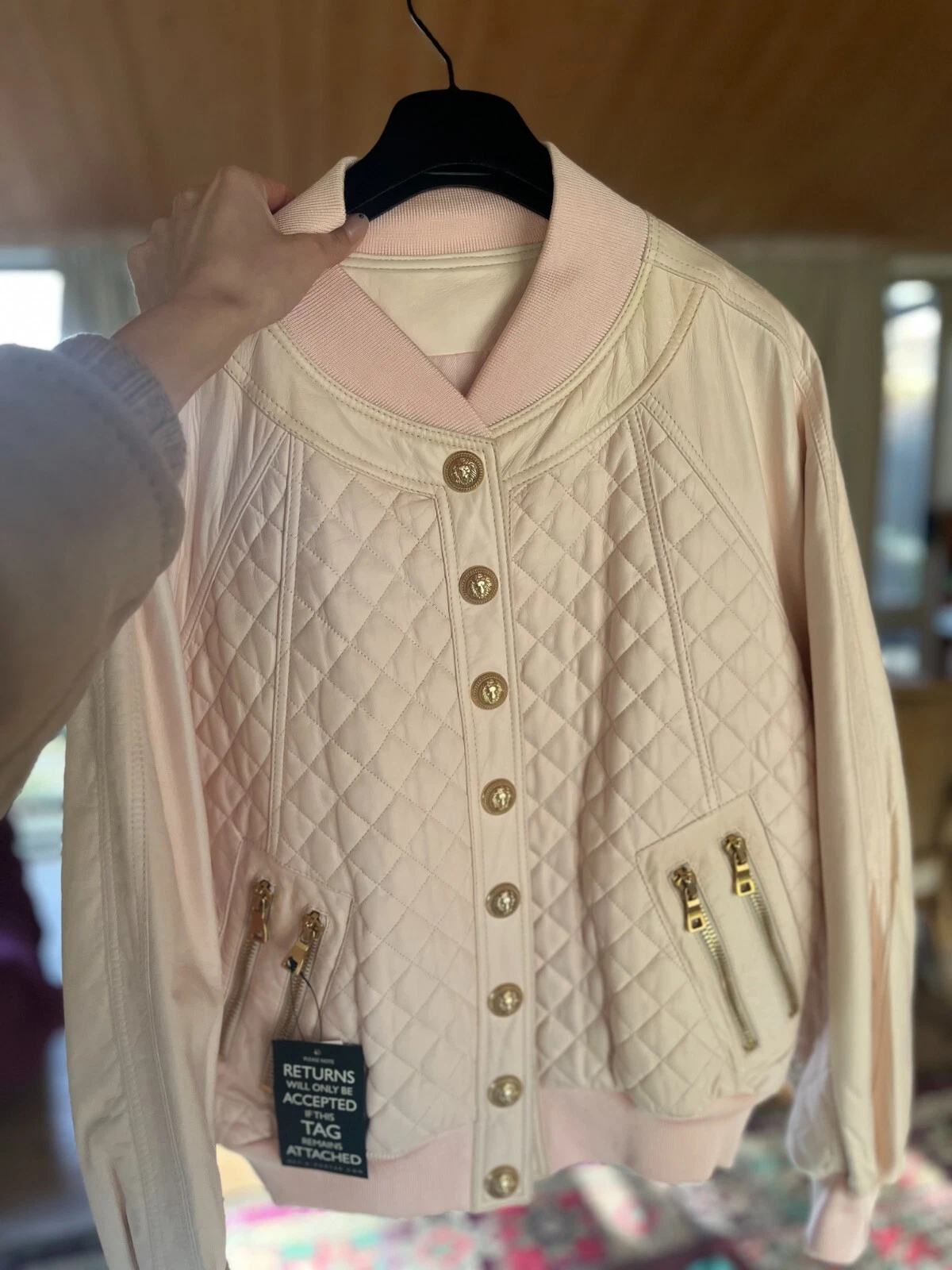 Balmain — Balmain Pink quilted Leather Bomber