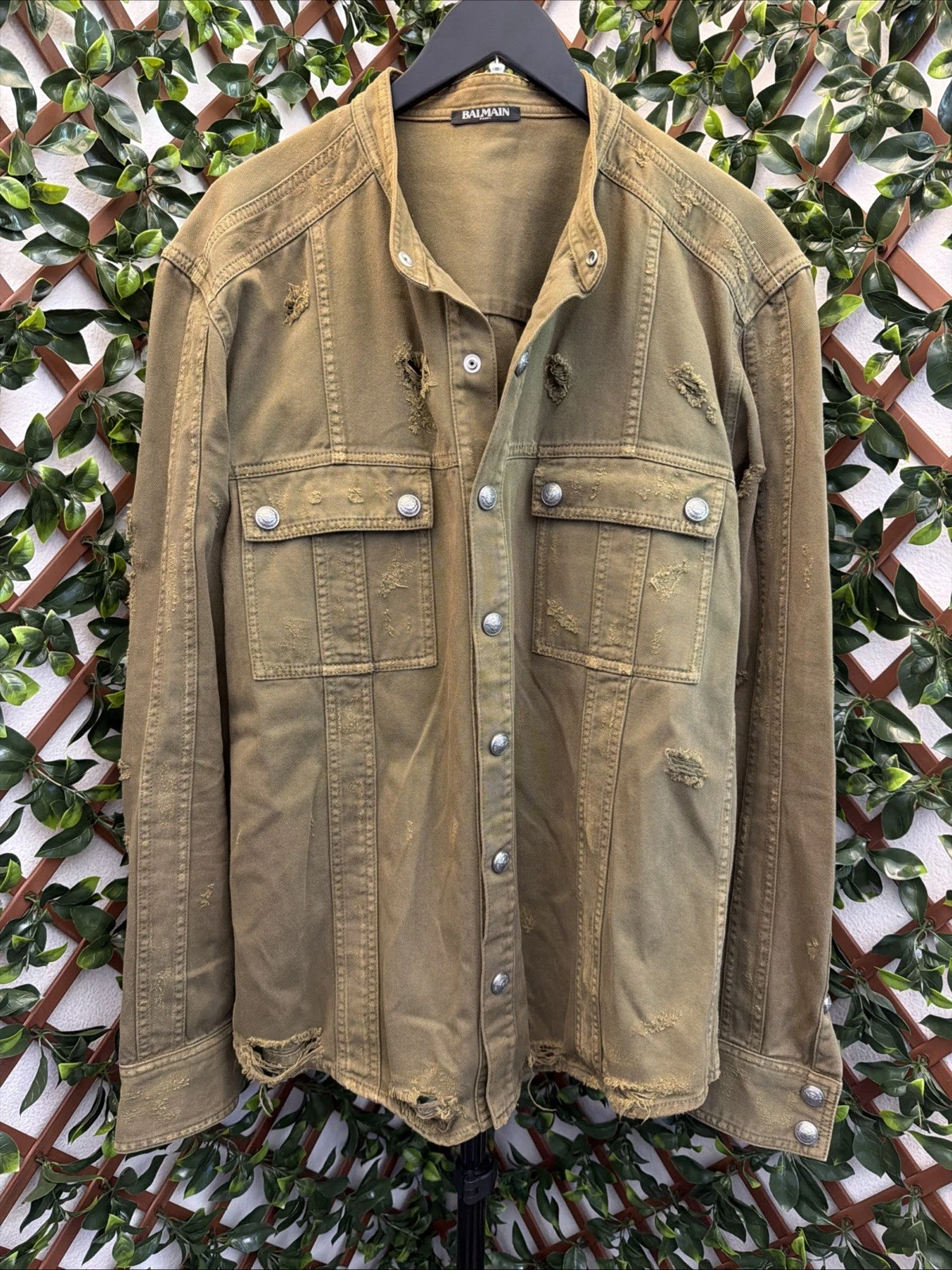 Balmain — New Authentic Balmain Olive Green Distressed Shacket Denim Jacket Men's Size 44