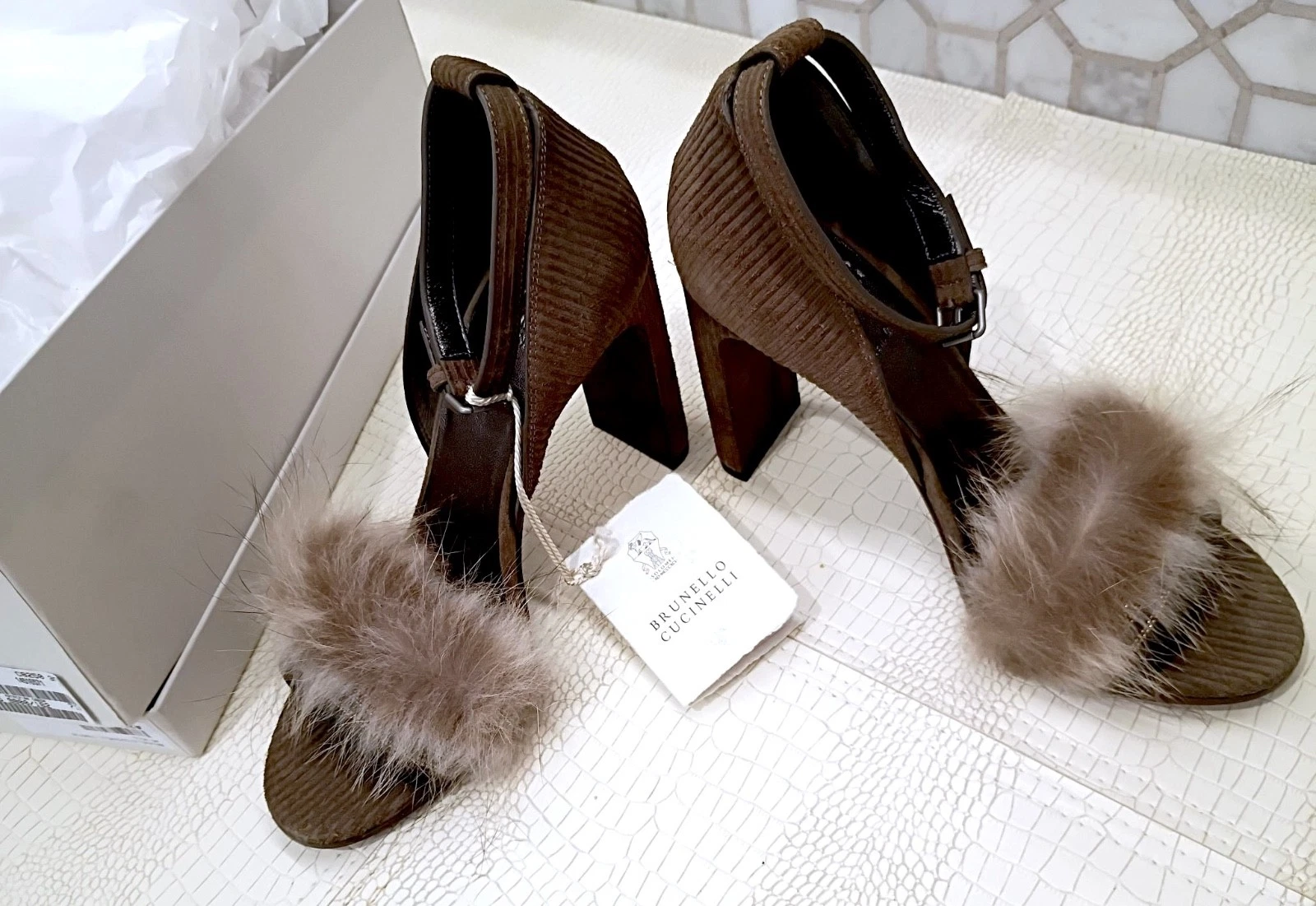 Brunello Cucinelli — NIB Brunello Cucinelli Brown Suede Fur Monili Open Toe Ankle Sandals Heels Shoes