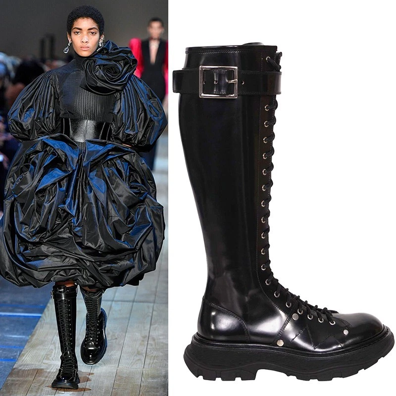 Alexander McQueen — 38 NEW $1390 ALEXANDER MCQUEEN RUNWAY Black Glossy Leather Knee COMBAT BOOTS NIB
