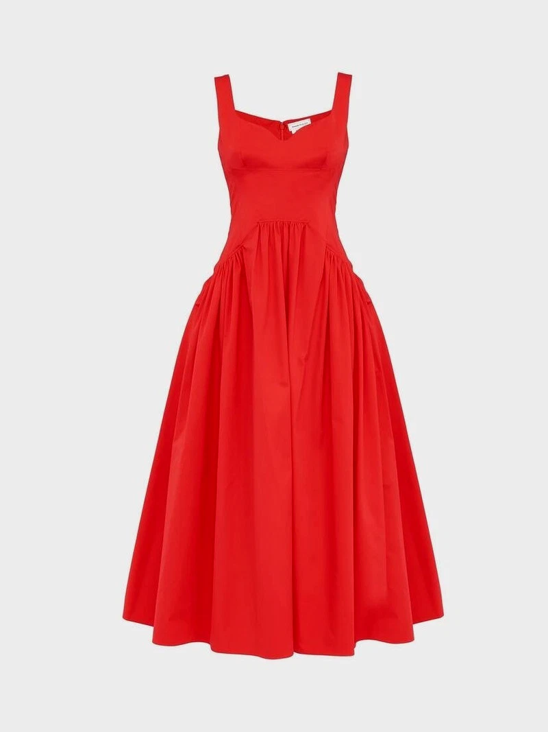 Alexander McQueen — Alexander McQueen Red Midi Dress Poplin Cotton Corset Sweetheart L US 10 NWOT