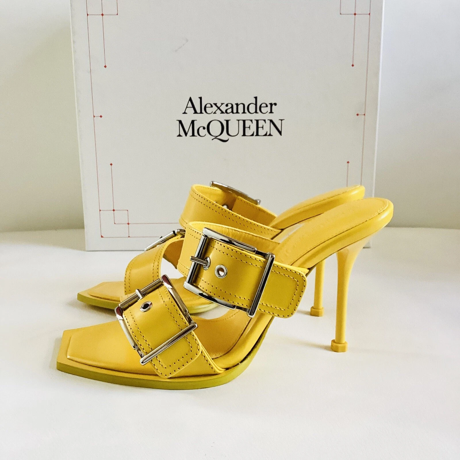 Alexander McQueen — Alexander McQueen Leather Slides in Pop Yellow Silver Buckle Heel Sandals 7